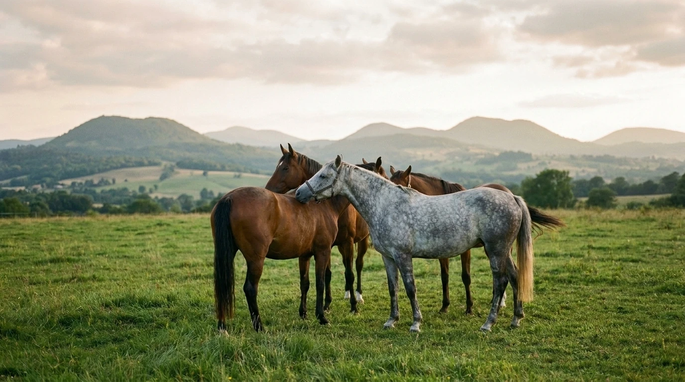 Les chevaux du Attelage du moulin des Choyes en liberté, Puy-de-Dôme
